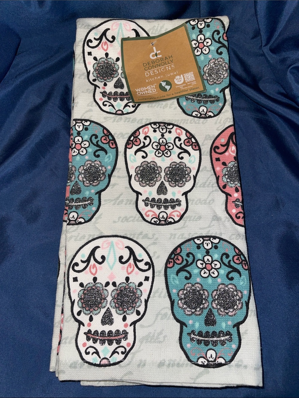 Sugar Skull Kitchen Towels - White with Teal and Pink Skulls